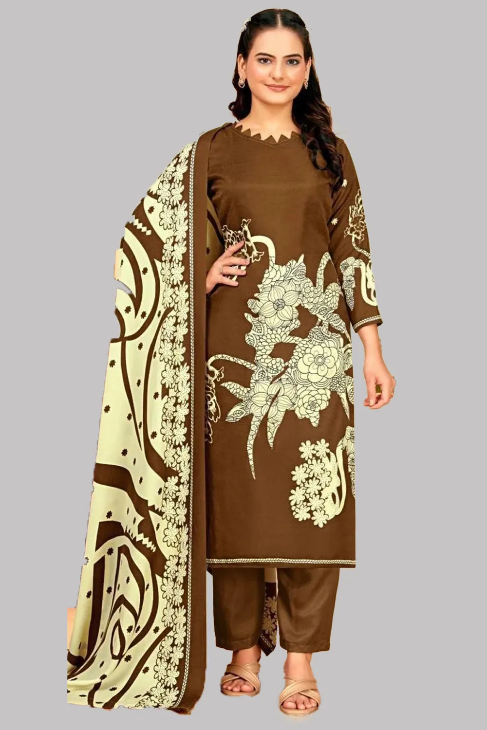 “Brown Floral Print Suit with Off-White Dupatta & Zig-Zag Neck Design”