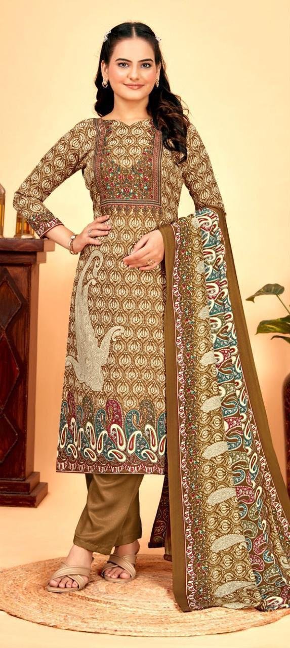 “Elegant Brown Winter Suit with Full-Length Dupatta – Warmth Meets Style”